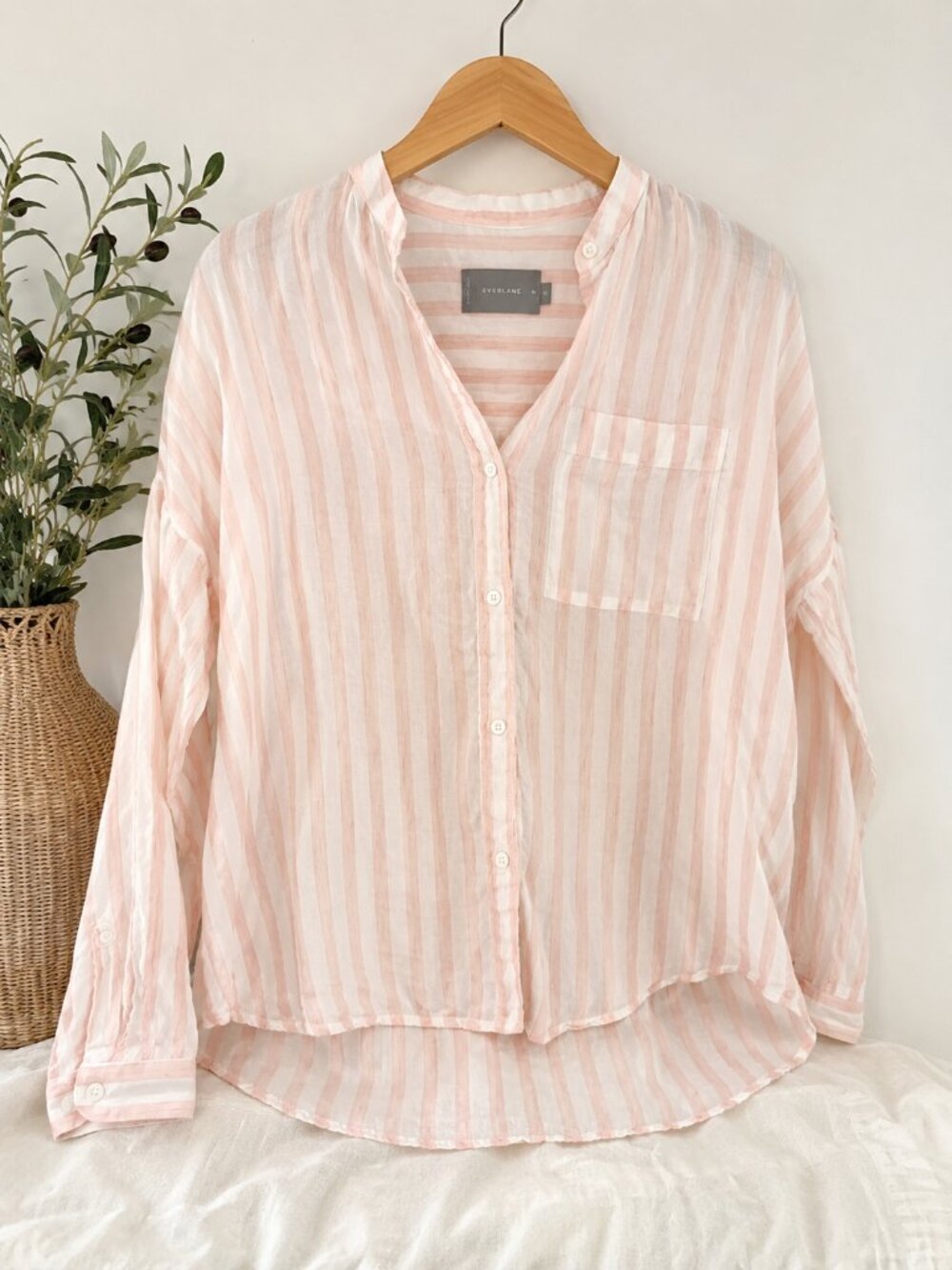 Everlane linen Light Pink and White Striped long sleeve button down